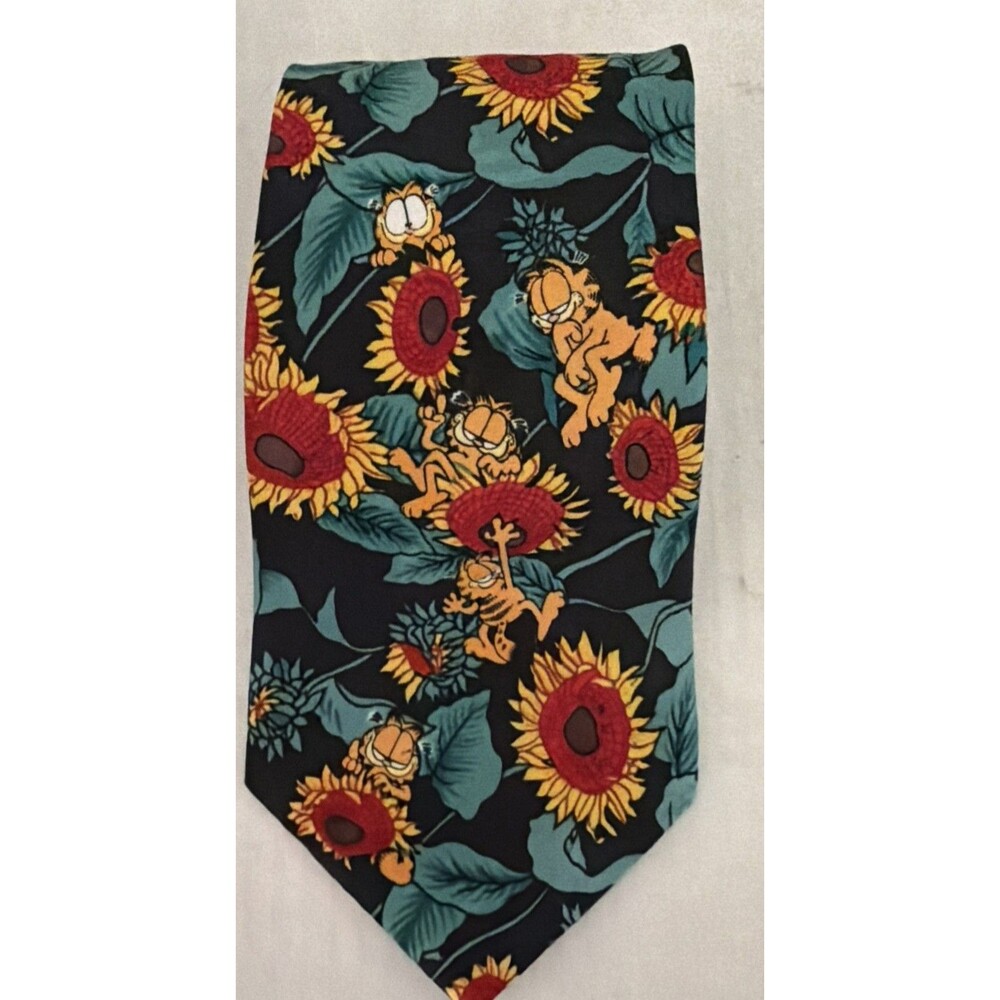 Vintage 90s Garfield Paws Addiction Neck Tie Sunflowers Hipster Office Wear
